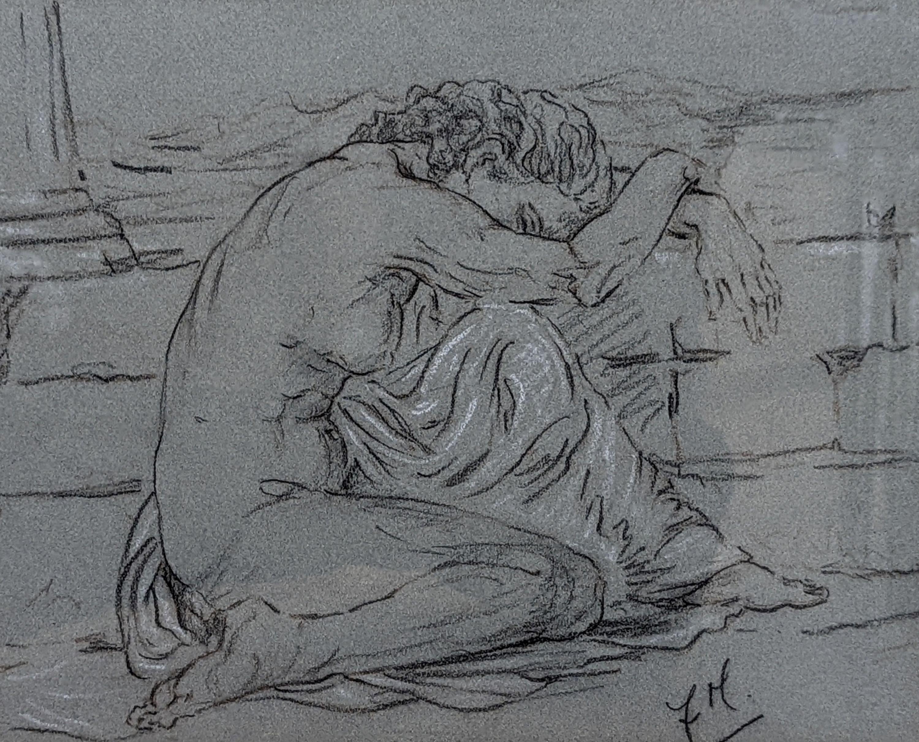 Franco Matania (1922-2006), chalk and charcoal on paper, Kneeling classical nude, initialled 32 x 40cm